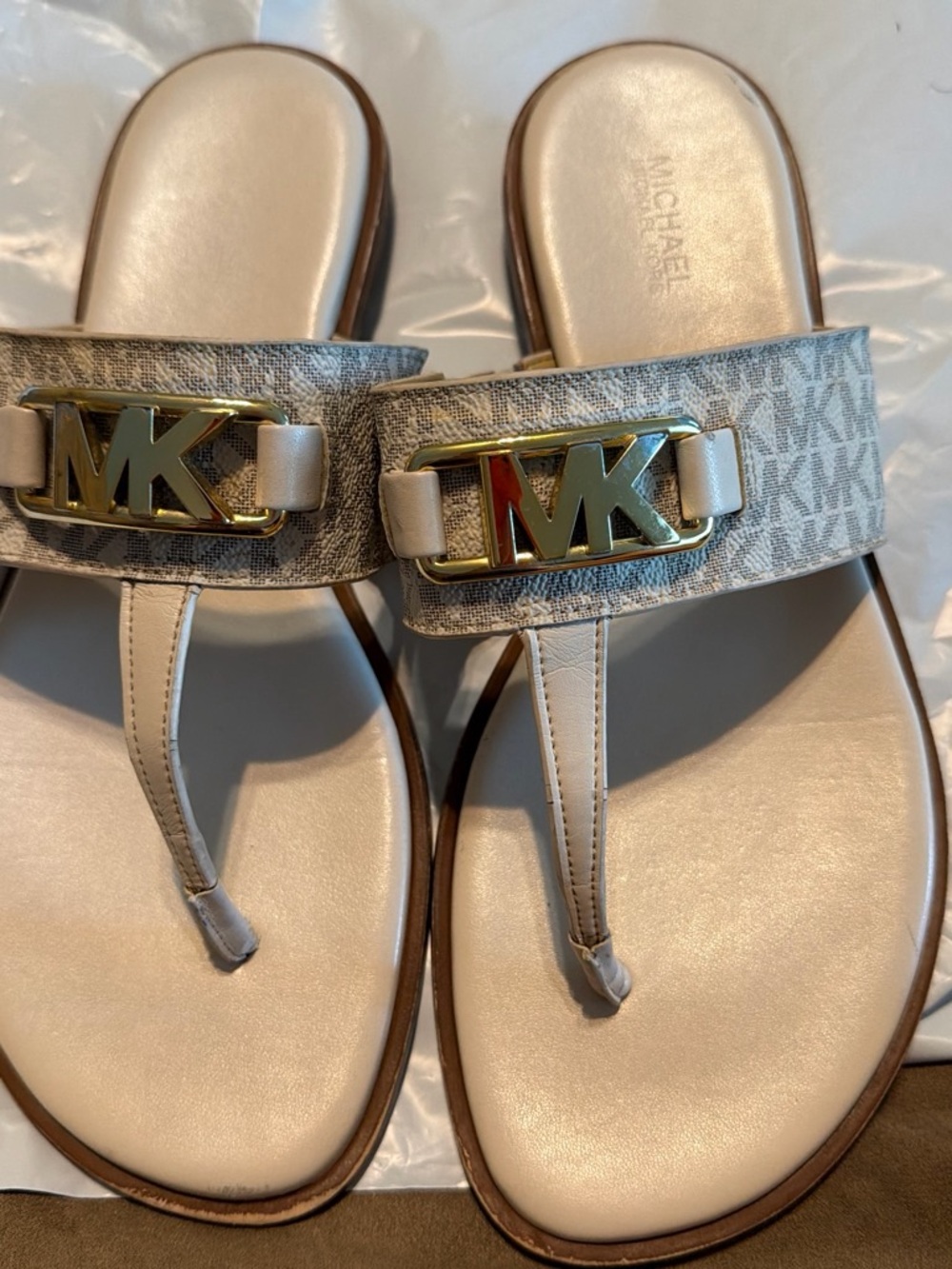 Michael Kors Beige/Tan MK Logo Thong Sandals